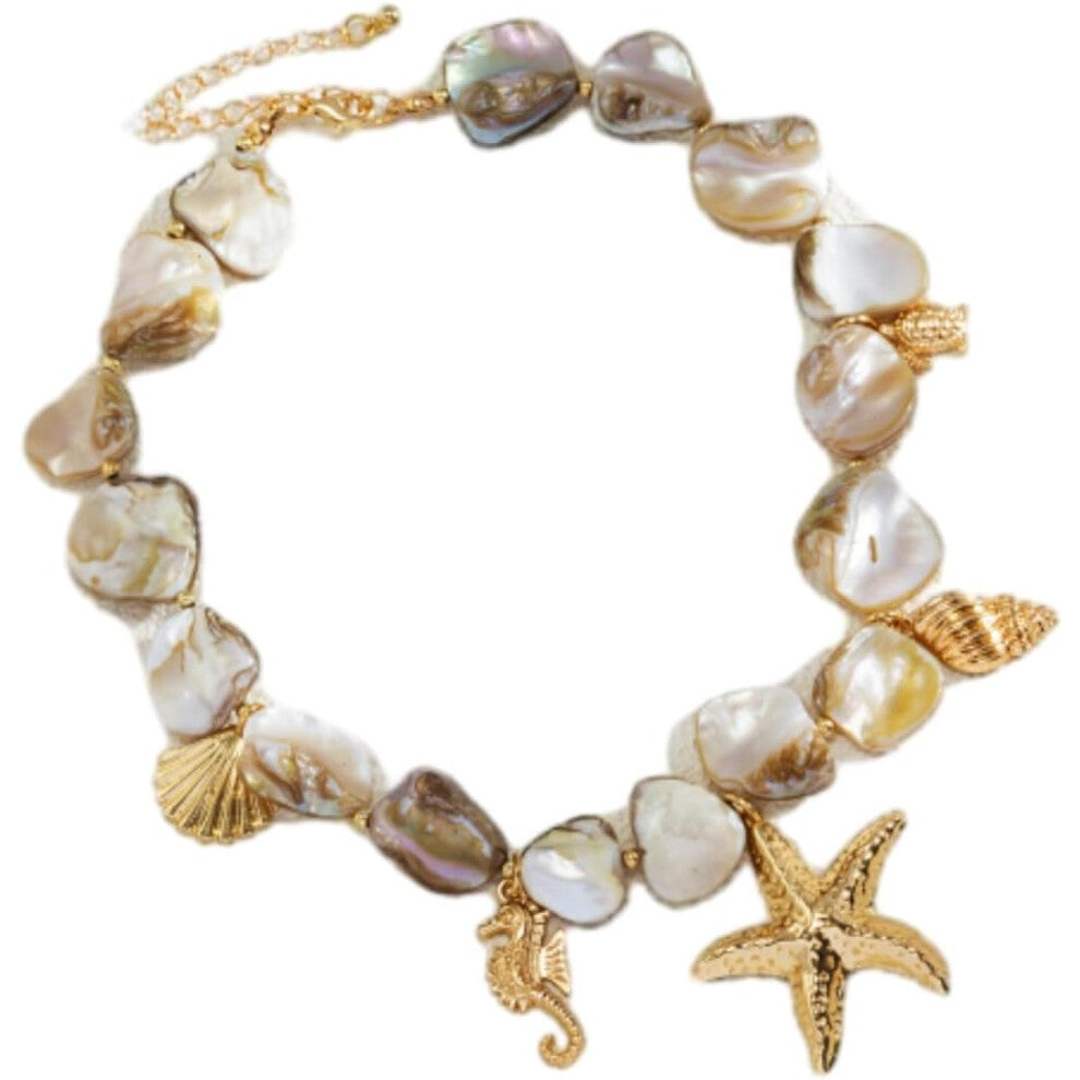 Chunky Pearl Necklace&Bracelet for Women Beach Starfish Shell Boho Statement Jewelry Vacation Freshwater Pearl Choker Summer Coastal Accessories