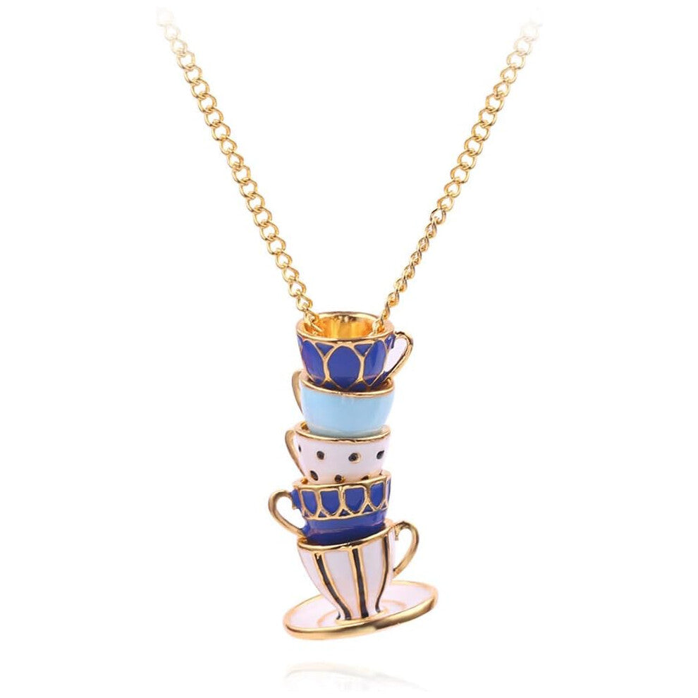Funny Stacked Enamel Teacup Necklace 3D Coffee Cup Teapot Pendant Necklace Elegant Teacup Long Sweater Necklace for Women