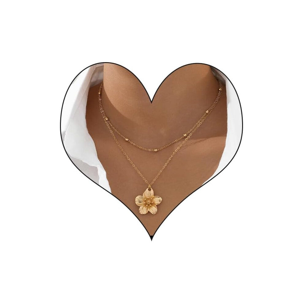 Chunky Gold Flower Necklace for Women,Trendy Gold Layered Floral Pendant Chain Choker Fashion Statement Wedding Bridesmaid Dating Party Costume Neckl