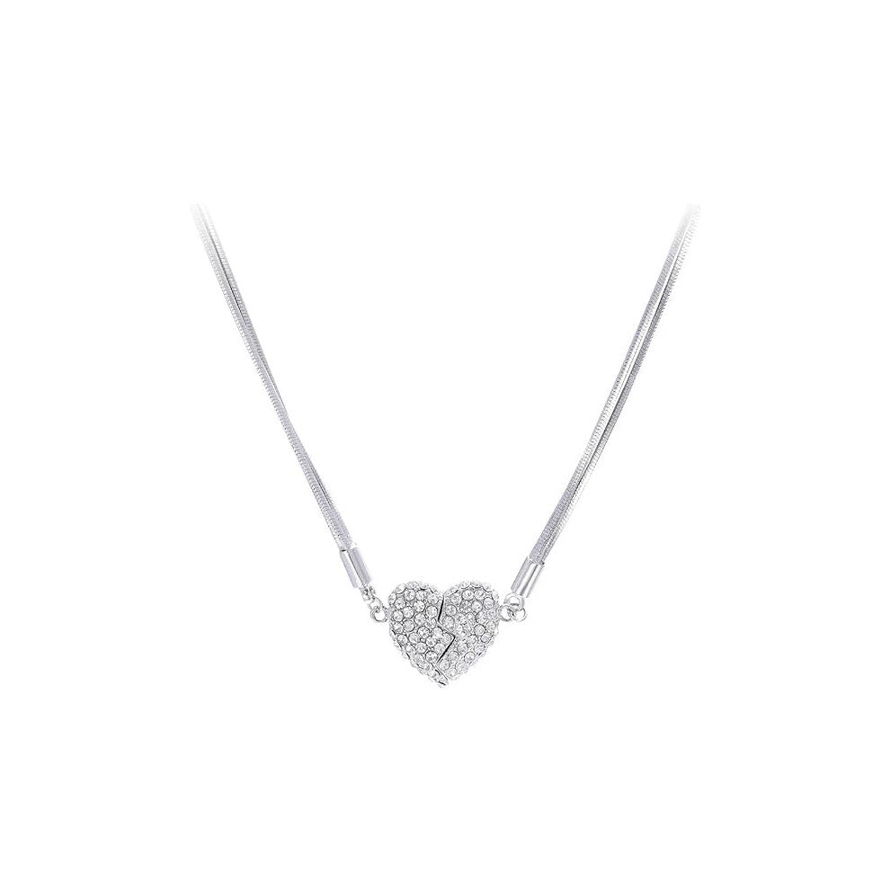 Double-Sided Wearing Diamond-Set Love Pendant, Creative Couples Necklace, Cubic Zirconia Heart Shaped Necklace, Fashion Clavicle Chain Necklaces (Sil