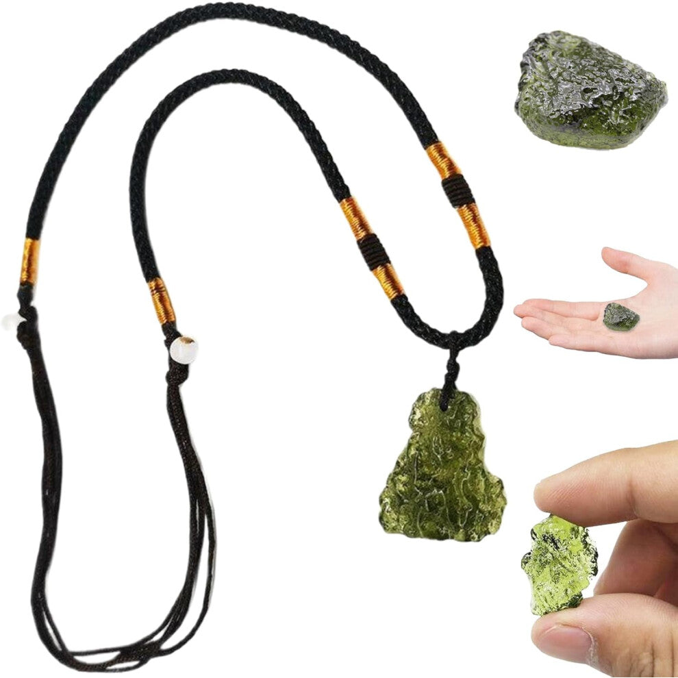 Moldavite Necklace, Green Irregular Shape Moldavite Crystal Pendant with Necklace String, Moldavite Czech Meteorite Necklace Rough Crystal Energy Sto