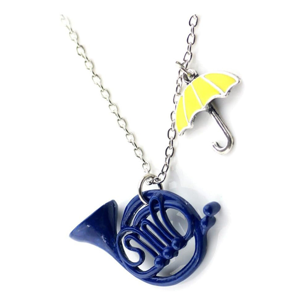 Blue French Horn Yellow Umbrella Pendant Charm Chain Necklace - Metal