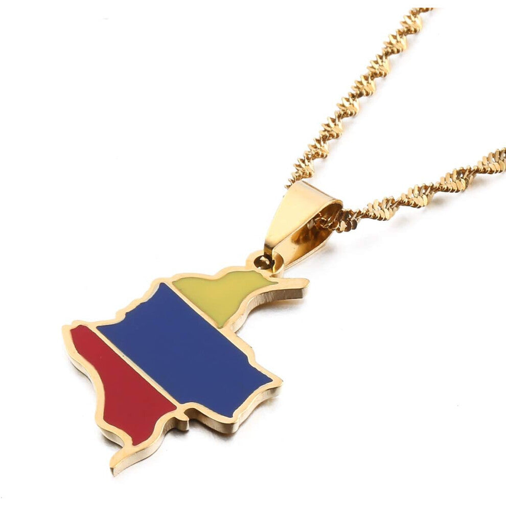 Enamel Colombia Map Pendant Necklace Colombian Flag Map Jewelry (Gold)