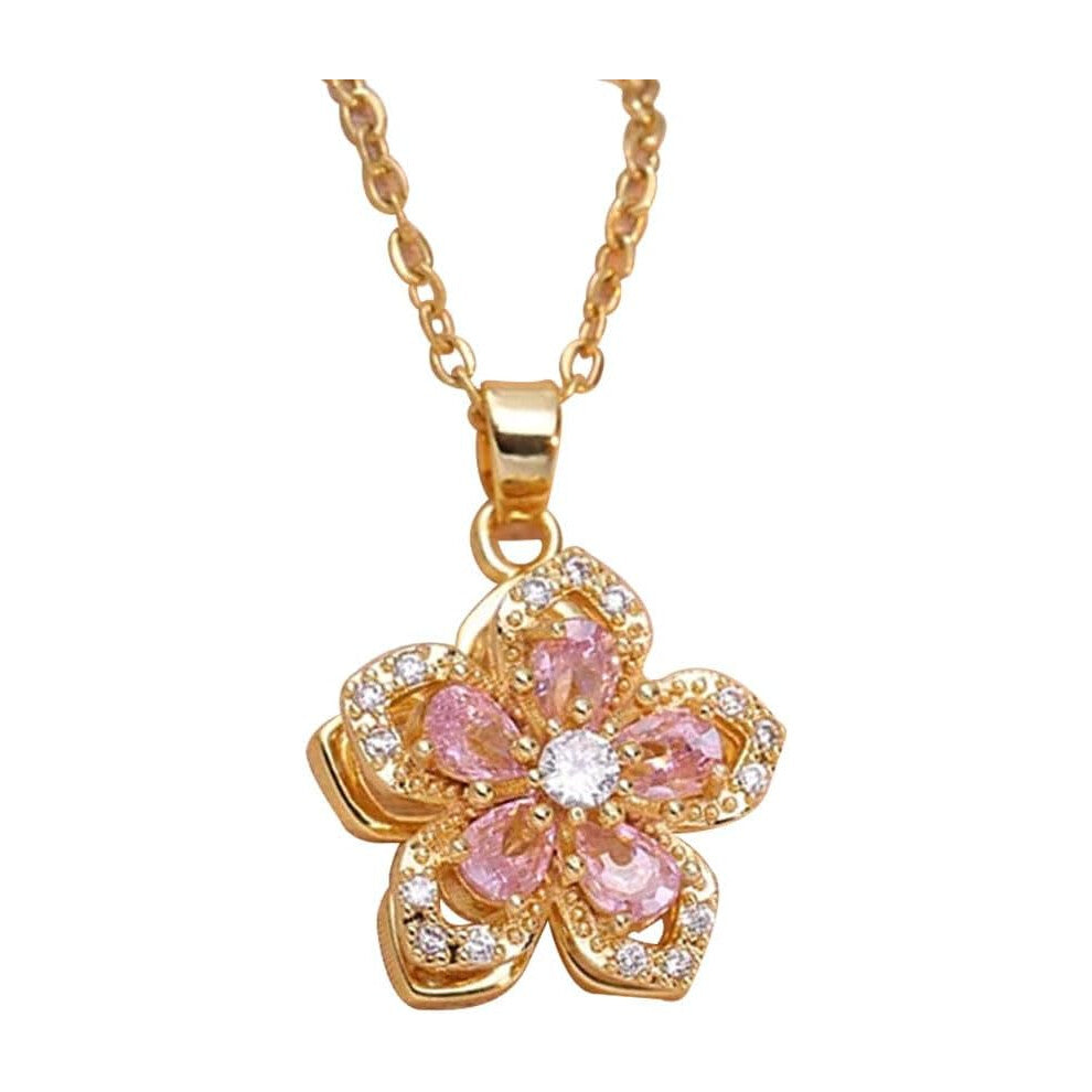 Stress-Relieving Rotating Five-Petal Flower Pendant Necklace, Copper 18K Gold Plated Rotating Flower Pendant, CZ Stone Relieving Anxiety Flower Neckl