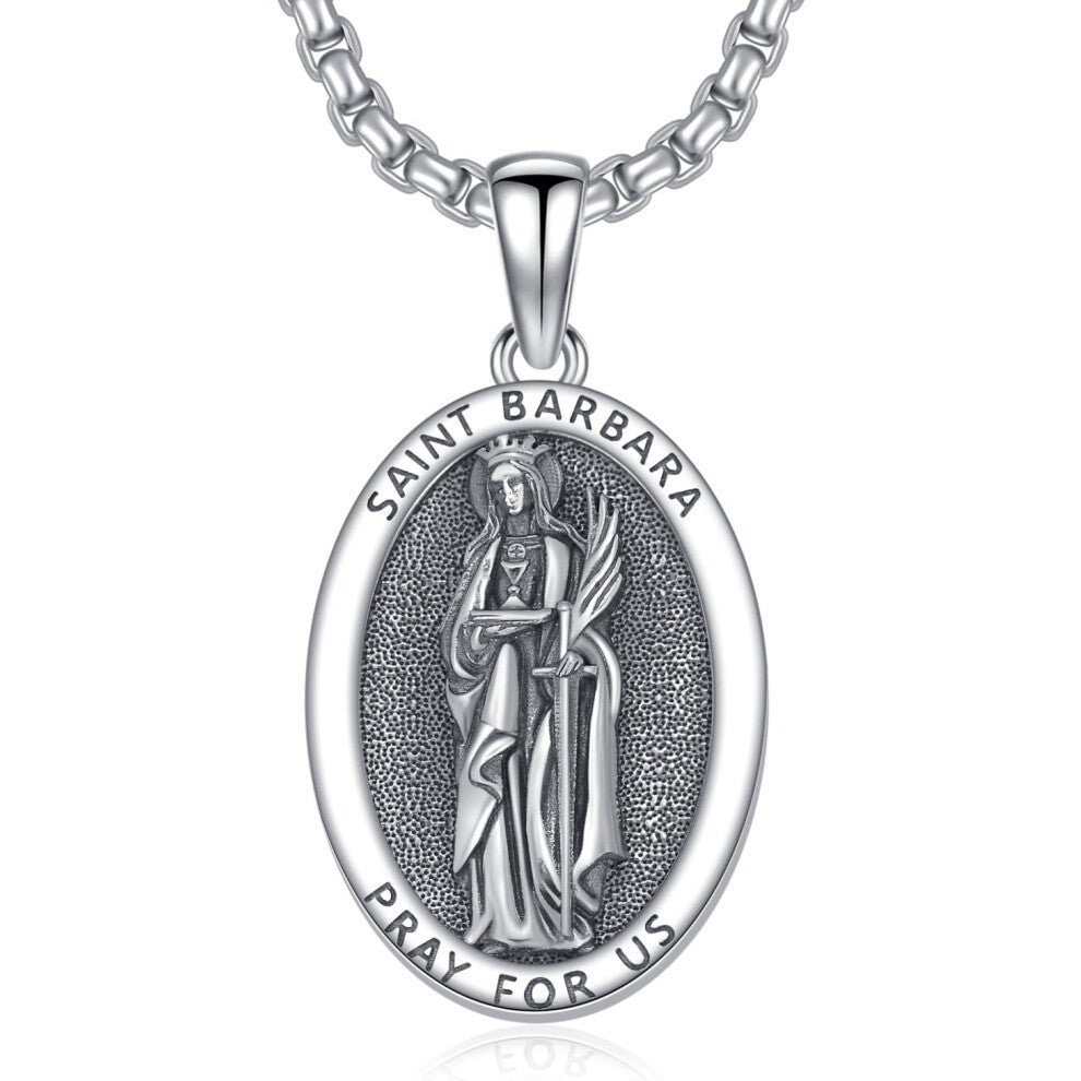 Saint Barbara Medal Necklace 925 Sterling Silver St Barbara Pendant Necklace Amulet Protection Jewelry Pray for Us