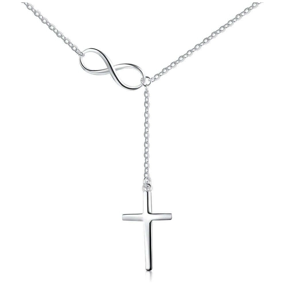 S925 Sterling Silver Infinity Cross Pendant Y Lariat Necklace for Women Birthday Baptism Easter Gift, 18 inch + 2 inch