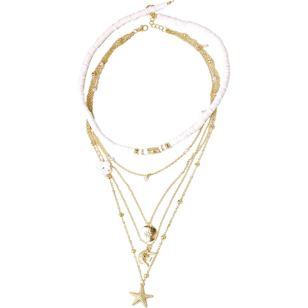 Bohemian Handmade Starfish Shell Folwer Pendant Layered Heishi Surfer Lightweight Chain Choker Necklace Summer Beach Stylish Floral Jewelry for Women