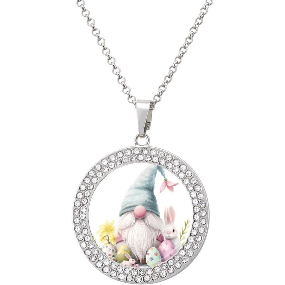 Easter Gnome And Bunny Round Pendant Necklace Silver Jewelry for Women