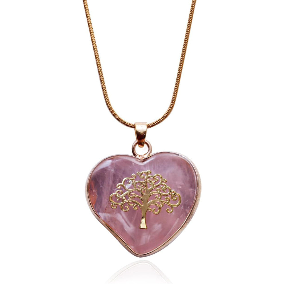 Rose Quartz Pendant Necklace With Heart & Tree Of Life Charm - Gold Stainless Steel Adjustable Chain 40+5Cm, Energy Jewelry