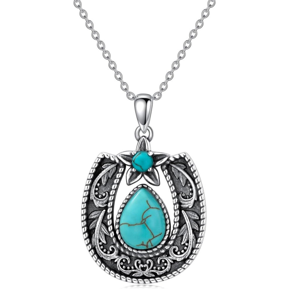 Vintage Horseshoe with Natural Turquoise Necklace 925 Sterling Silver Retro Western Horseshoe Pendant Necklace with 18+2 inch Chain for Birthday Wome