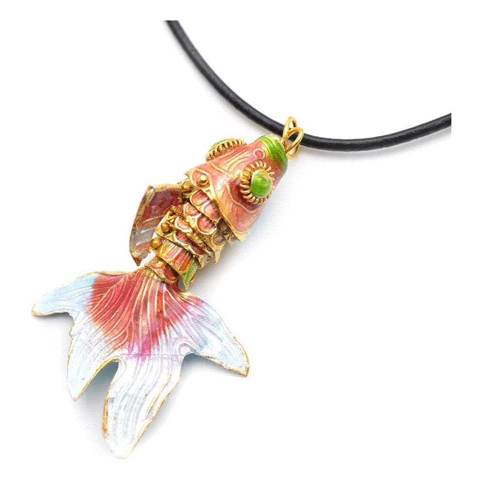 Cute Cloisonne Goldfish Fish Pendant Black Leather Cord Necklace Fashion Woman Jewelry