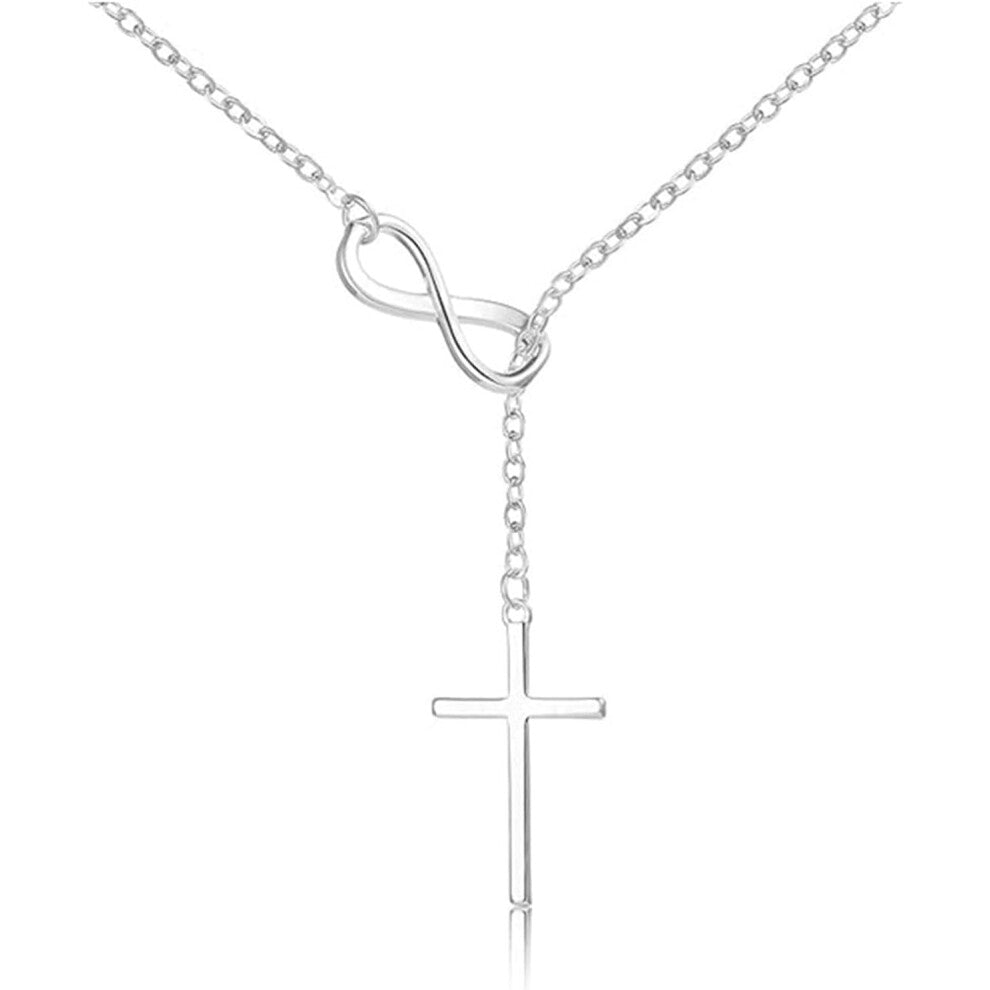 Silver Cross Necklaces for Wome-Modern Silver Necklace Oval Loop to Hook with a Cross in Front - Trendy Women's Y-Necklaces with Cross Pendant Trendy
