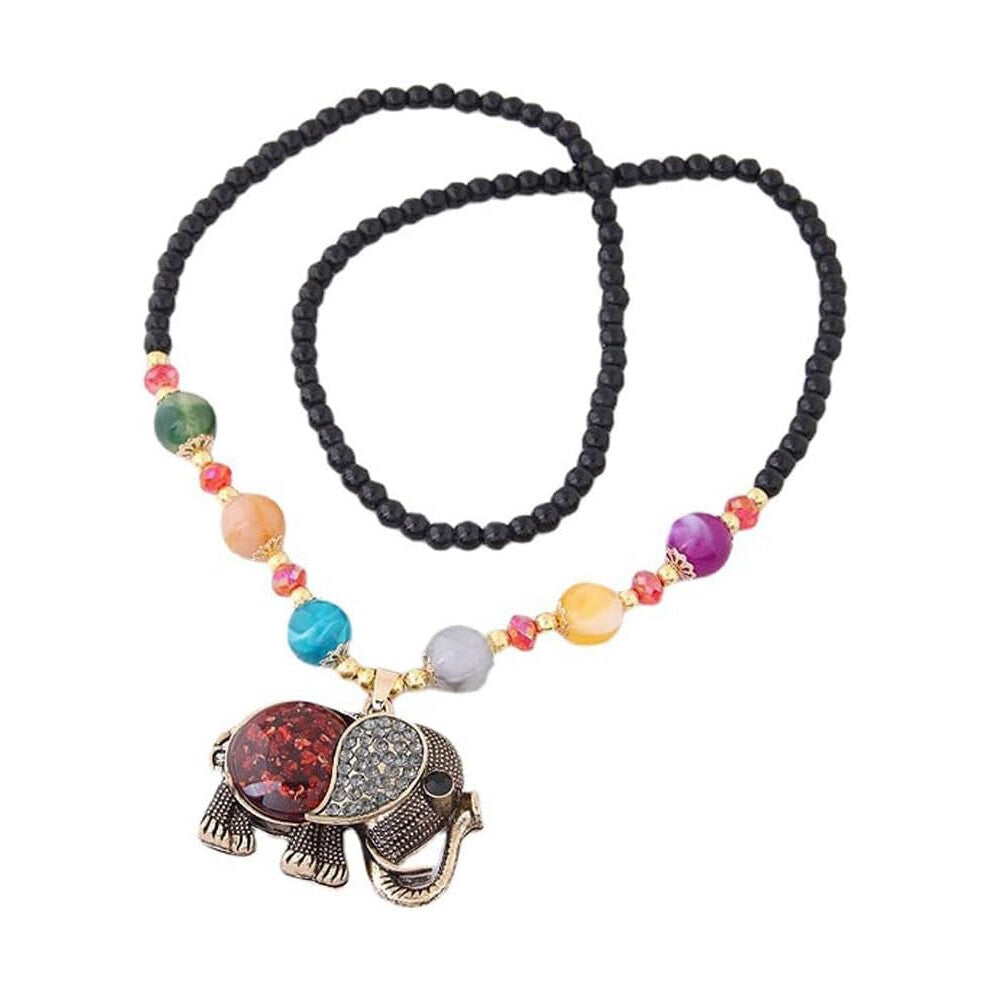 Bohemian Long Black Beaded Chain Elephant Pendant Necklace