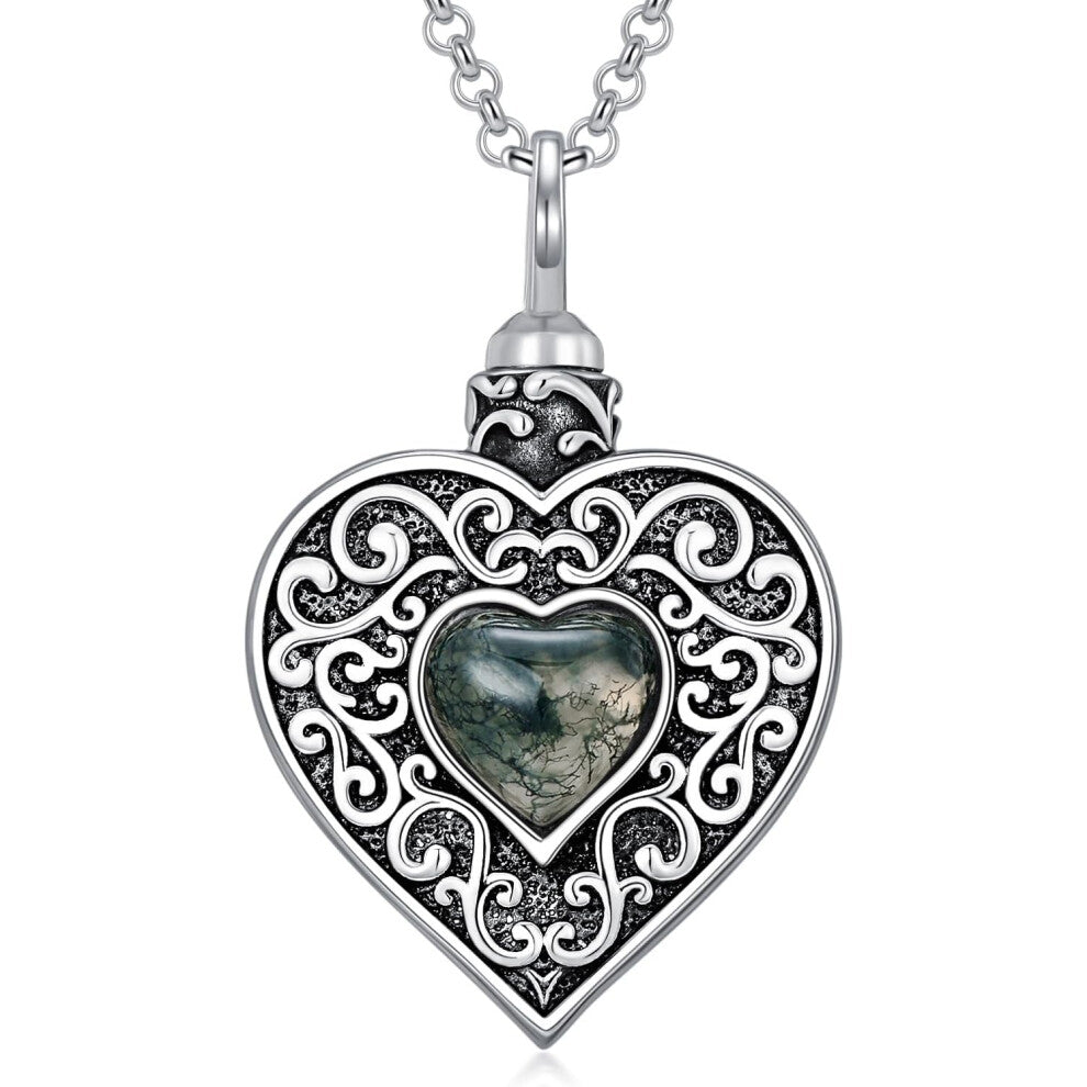 Heart Urn Necklace for Ashes 925 Sterling Silver Moss Agate-Moonstone-Turquoise Pendant Cremation Keepsake Jewelry Memorial Gifts for Women Men Girls