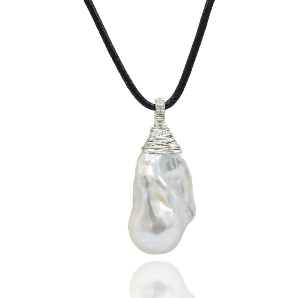 Women's Pendant White Large Baroque Pearl Sterling Silver Pendant Drop Shape Pearl Pendant Women's Black Rope Necklace
