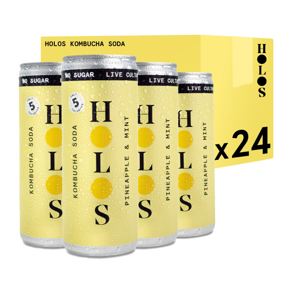 HOLOS Kombucha Soda - Pineapple & Mint Sparkling Kombucha Drink - Vegan Sugar Free Drinks - Gluten Free Live Culture Drink - 24 x 250ml Kombucha Cans