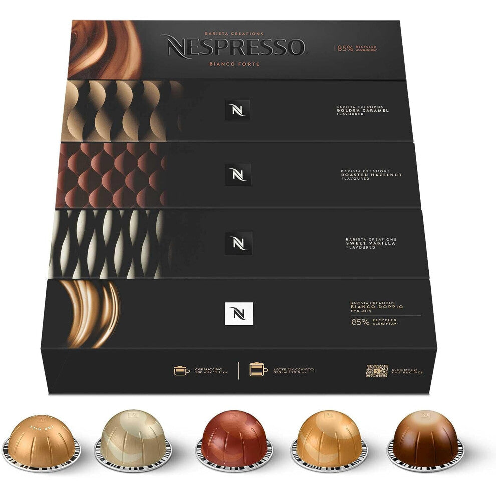 Nespresso Vertuo Barista Creations Assortment of 50 Capsules - 10x Vanilla Custard Pie, 10x Caramel Cookie, 10x Hazelino Muffin, 10x Bianco Leggero, 1