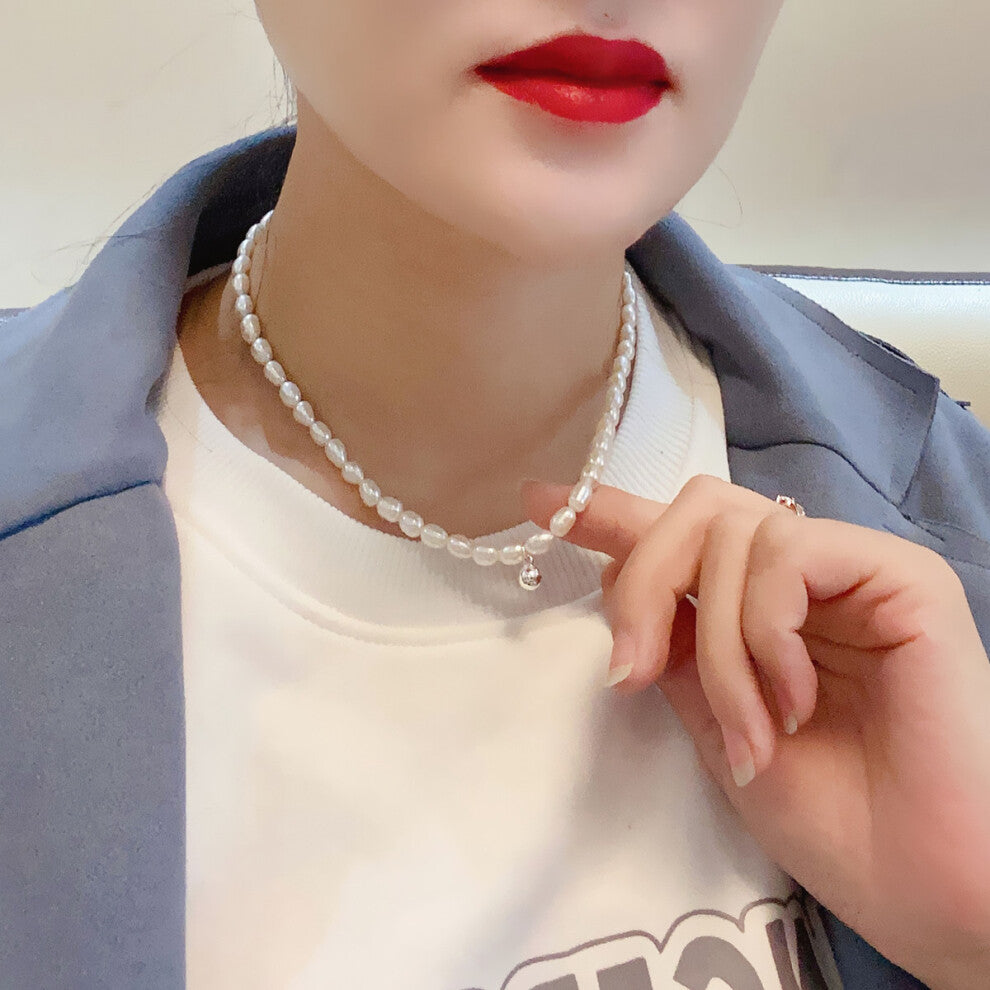 (Grains of rice and silver beads) Vintage freshwater pearl necklace French Baroque patchwork irregular niche design sense clavicle chain