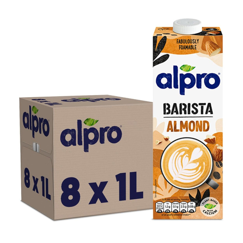 Alpro Barista Almond Plant-Based Long Life Drink, Vegan & Dairy Free, 1L (Pack of 8)