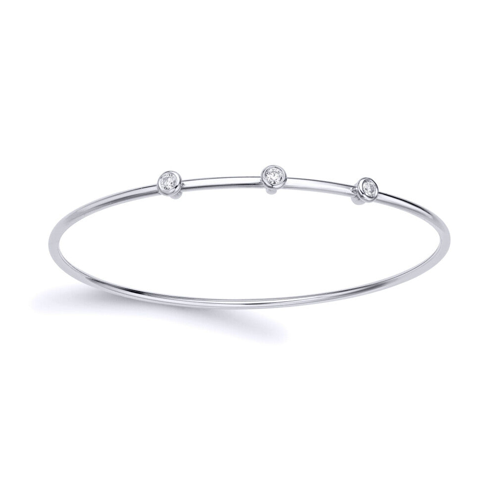 Jewelco London Ladies 18ct White Gold Diamond Bubble Station Trilogy Bangle Bracelet 1.8mm - BGNR02086