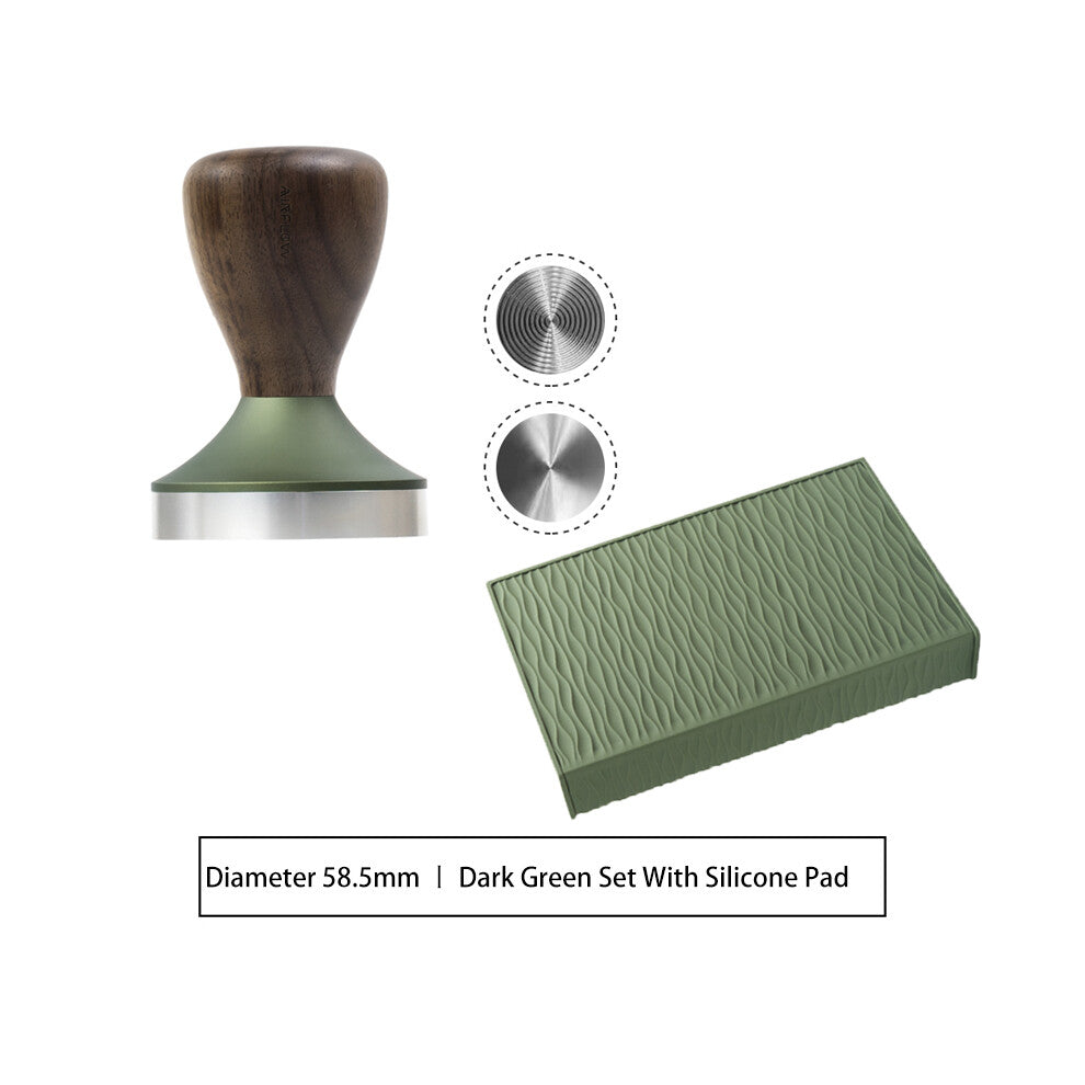 (Green Set With Pad, 58.5mm) 304 Stainless Steel Coffee Tamper Espresso Portafilter Flat-Thread Base Home Barista Coffee Accessories