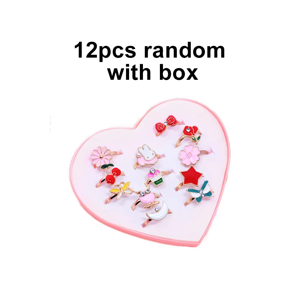 10-20-36 pcs Cute Adjustable Rings Children Girls Pretend Play Makeup Toys Cartoon Crystal Jewelry Alloy Animal Enamel