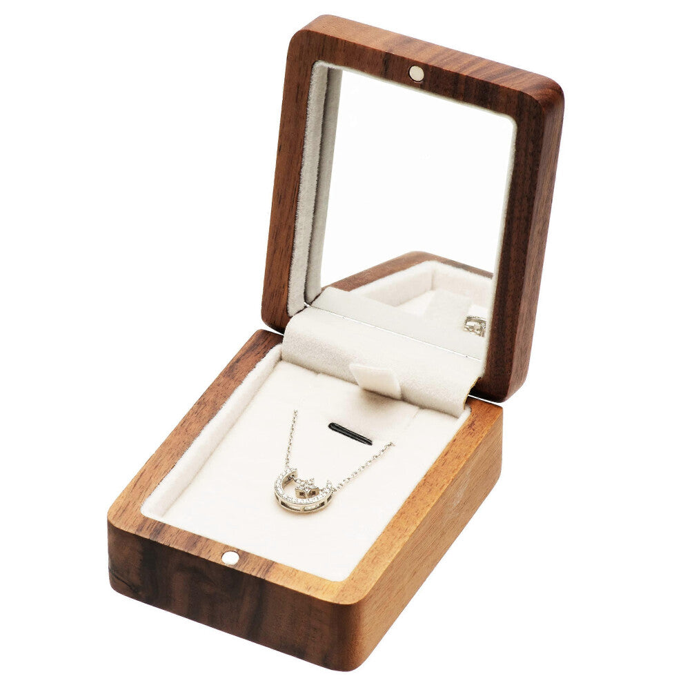 Vintage Walnut Wood Mirror-Embedded Necklace Box Jewelry Case for Pendant Display & Gifting