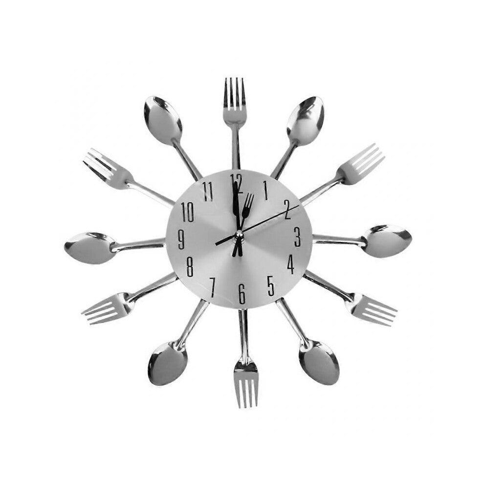 Modern Unique Aluminum Spoon Fork Clock Cutlery Kitchen Wall Clock Silver
