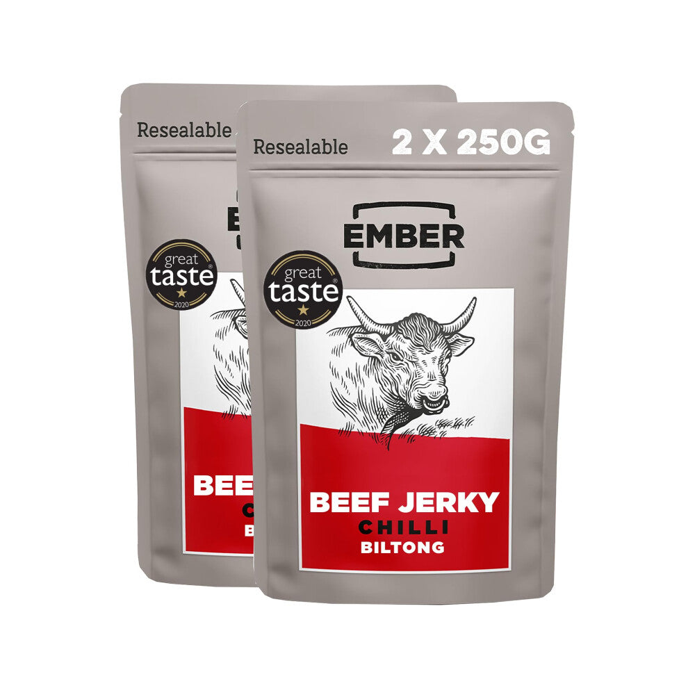 Ember Snacks: Biltong Beef Jerky Chilli Flavour (2 x 250g) 500g total- Protein Keto Snacks, Bulk Bags - Resealable for On The Go Snack - From British