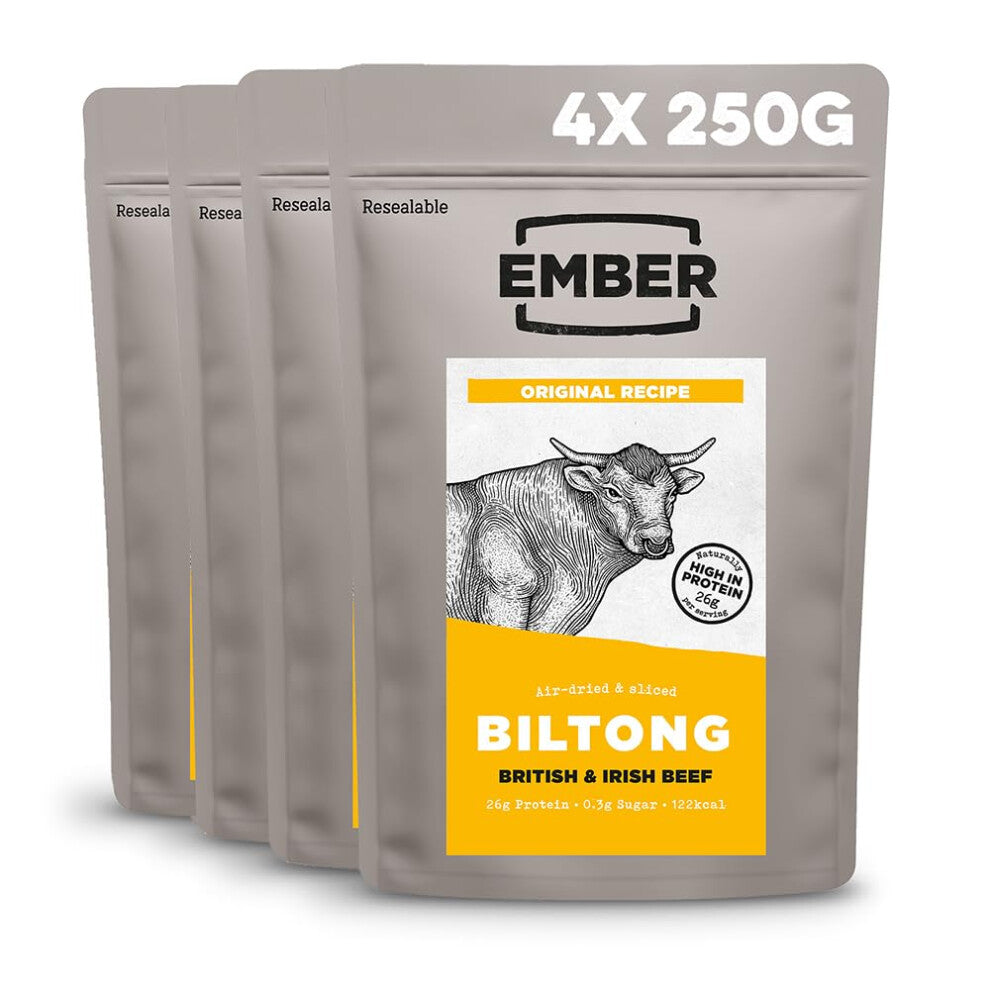 Ember Snacks: Biltong Beef Jerky Original Flavour (4 x 250g) 1kg - Protein Keto Snacks, Bulk Bags - Resealable for On The Go Snack - from British and