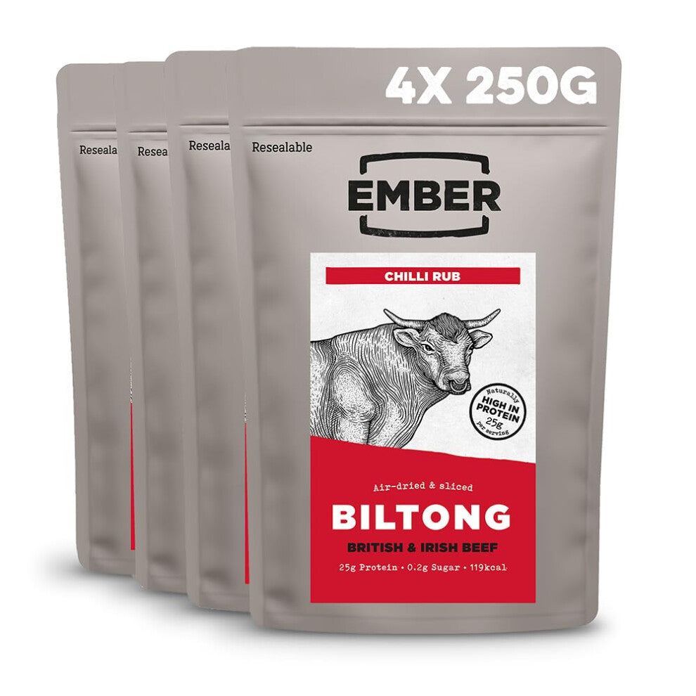 Ember Snacks: Biltong Beef Jerky Chilli Flavour (4 x 250g) 1kg total - Protein Keto Snacks, Bulk Bags - Resealable for On The Go Snack - From British