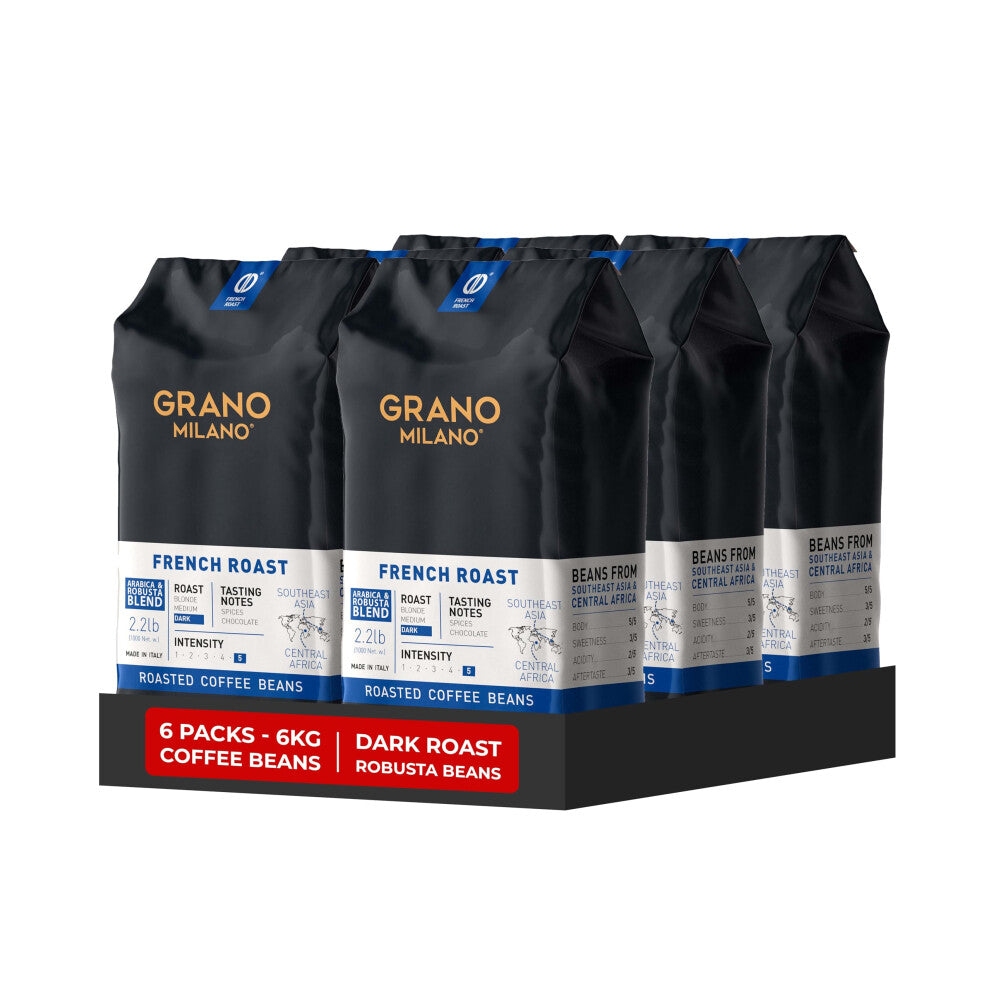 Grano Milano Coffee Beans 6kg (6 x 1kg Bags) French Roast Robusta Blend, Dark Roast, Intensity 10-10 Extra Strong Coffee, Made in Italy