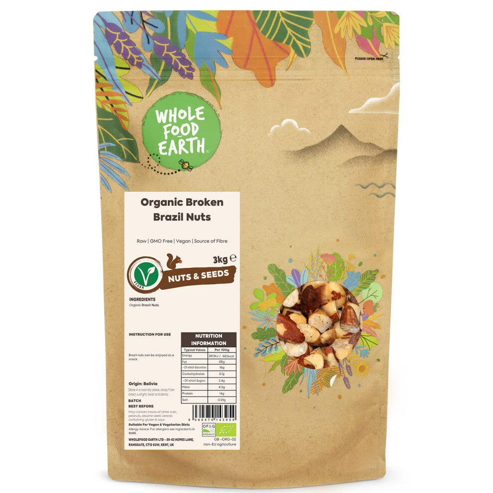 Wholefood Earth Organic Broken Brazil Nuts ? 3 kg | Raw | GMO Free | Vegan | Source of Fibre | Certified Organic