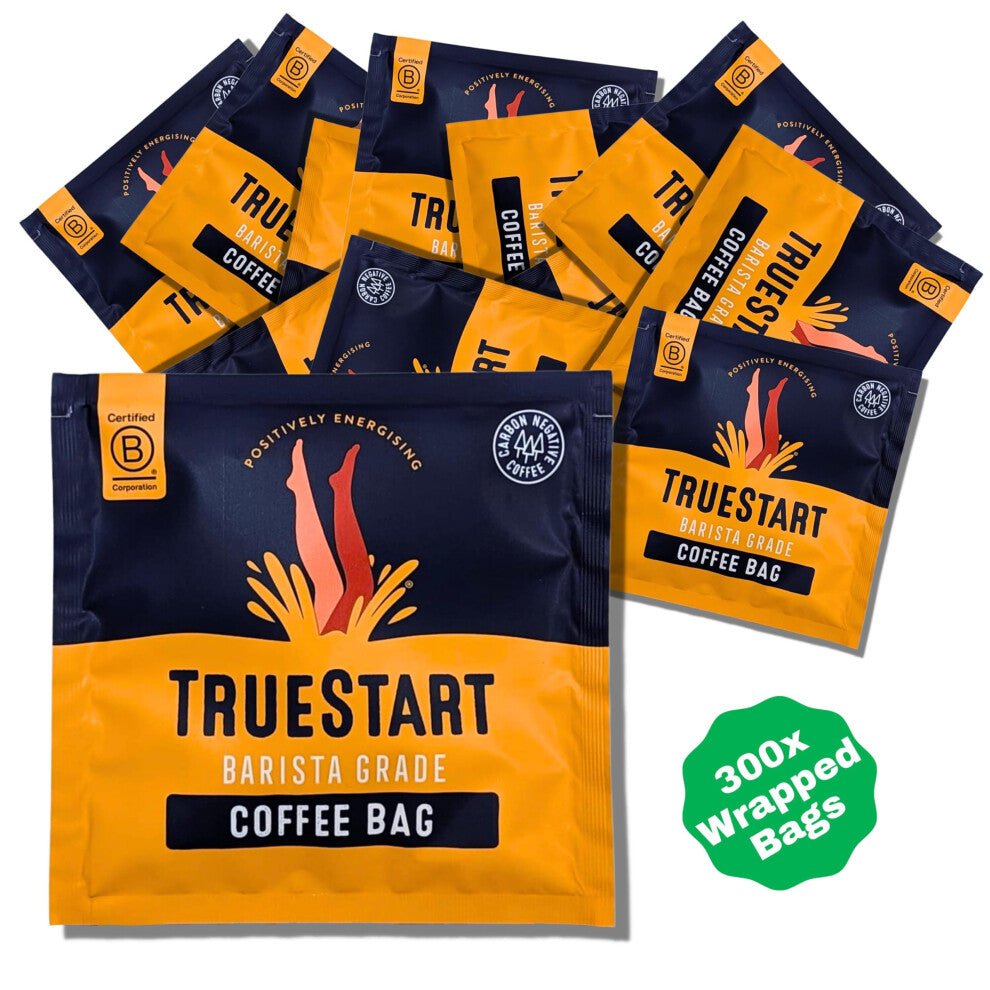 TrueStart Wrapped 300 Coffee Bags - Energising Colombian Arabica, Quick Brew Coffee for Travel, Biodegradable Bags in Recyclable Pouch