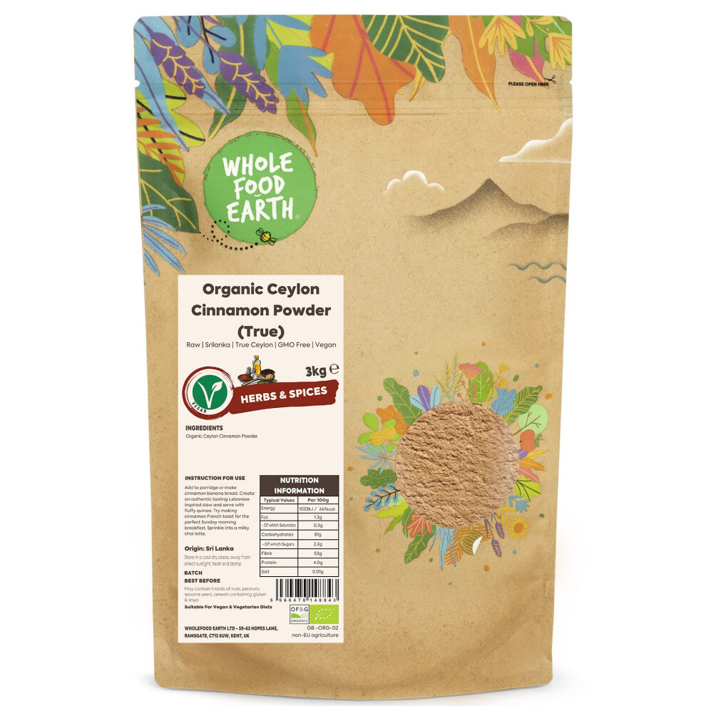 Wholefood Earth Organic Ceylon Cinnamon Powder (True) 3kg Raw | Srilanka | True Ceylon | GMO Free | Vegan | Certified Organic