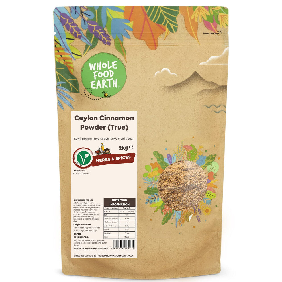 Wholefood Earth - Ceylon Cinnamon Powder (True) 2kg - Raw - GMO Free - True Ceylon - Srilanka