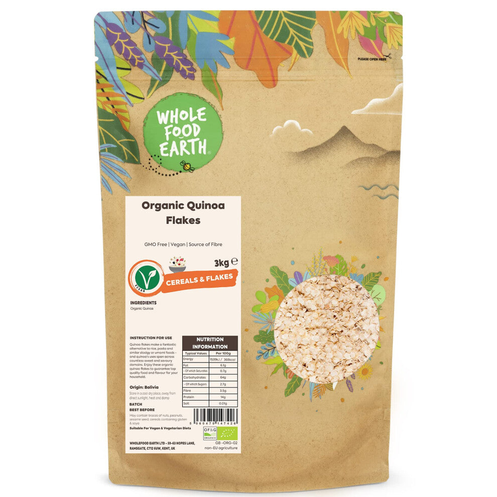 Wholefood Earth Organic Quinoa Flakes ? 3 kg | GMO Free | Vegan | Source of Fibre | Certified Organic