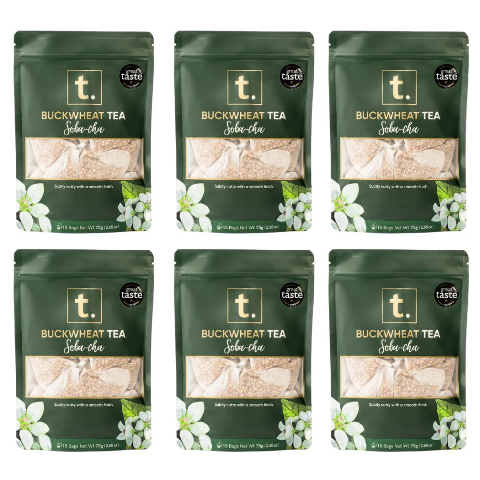 T. Buckwheat Tea ? Herbal Tea, Caffeine-Free, Gluten-Free, Keto-Friendly, Soba-cha, Smooth & Nutty Flavour, Premium Quality, 6 PACKS x 15 Tea Bags, 3x