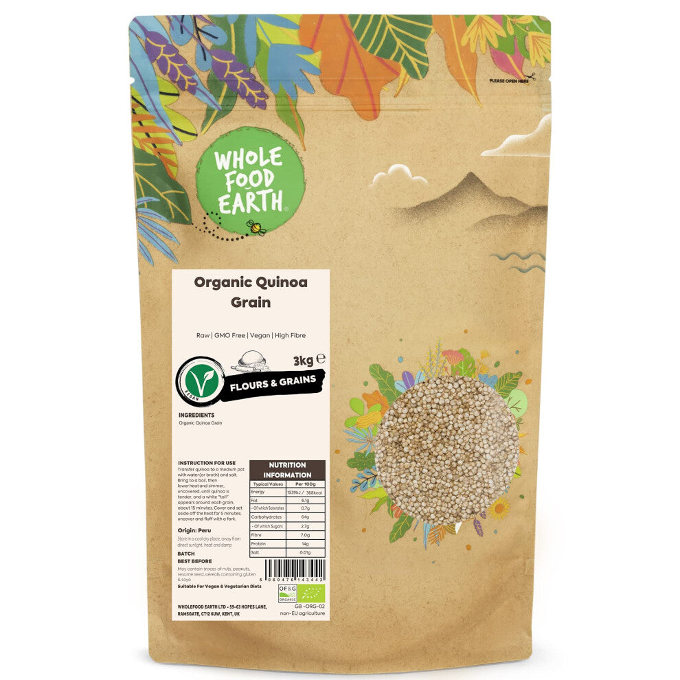 Wholefood Earth Organic Quinoa Grain ? 3 kg | Raw | GMO Free | Vegan | High Fibre | Certified Organic