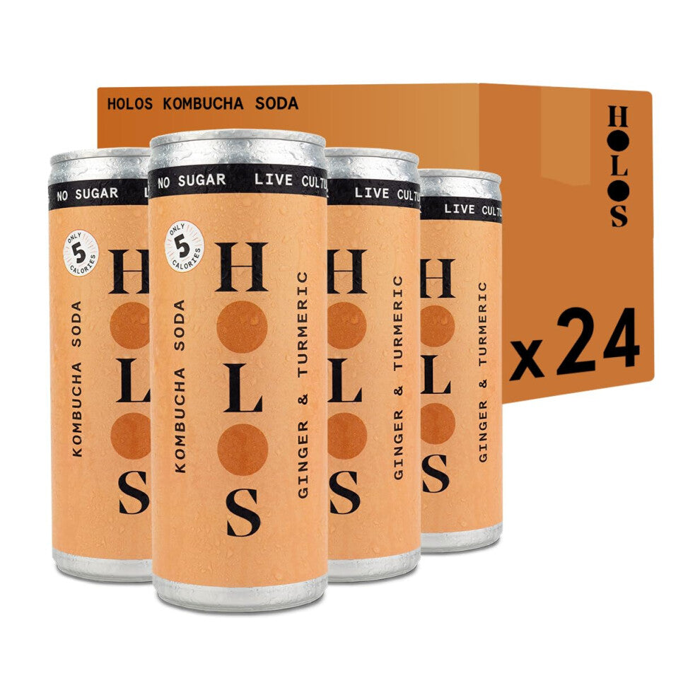 HOLOS Kombucha Soda - Ginger and Turmeric Sparkling Kombucha Drink - Vegan Sugar Free Drinks - Ginger Kombucha Gluten Free Live Culture Drink - 24 x 2