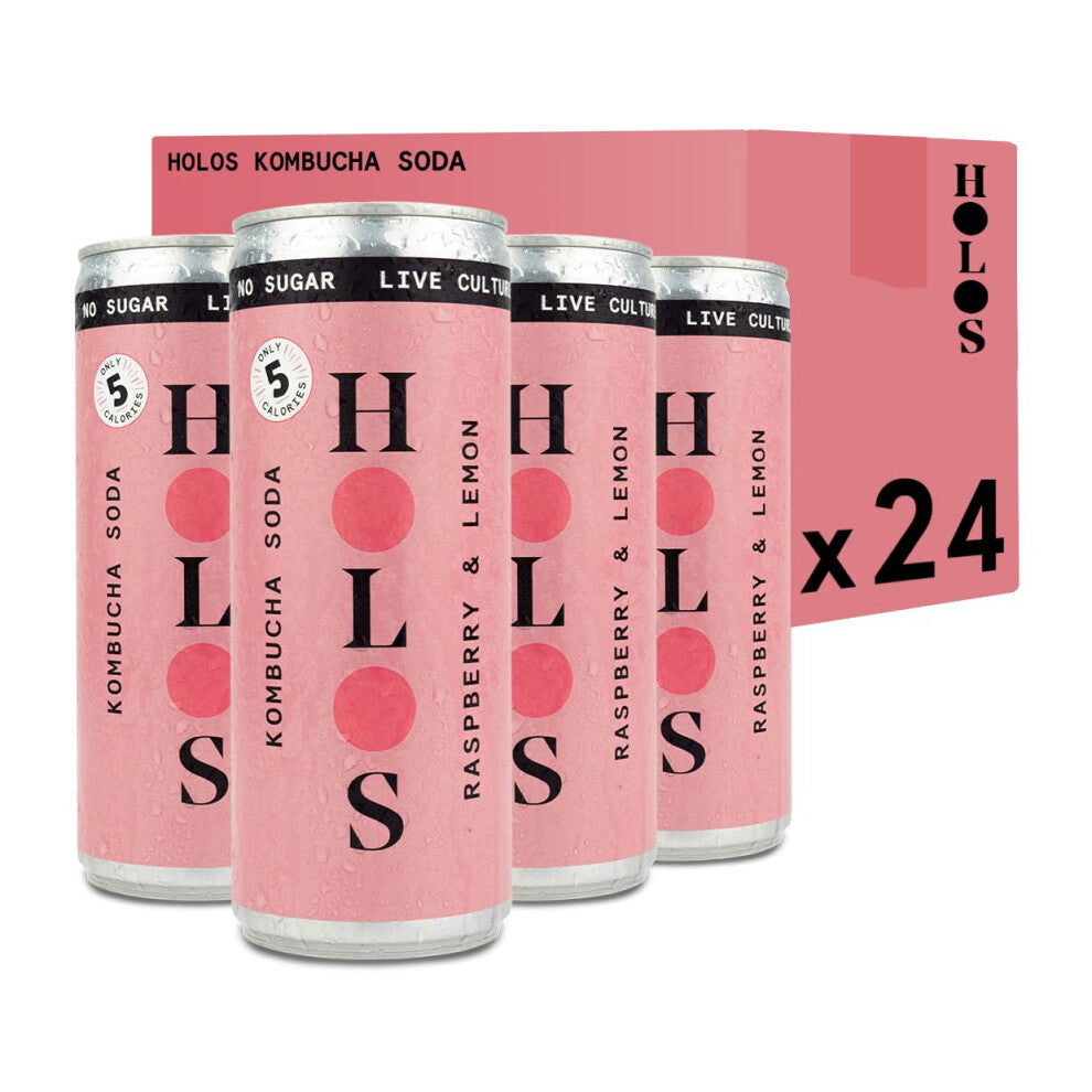 HOLOS Kombucha Soda - Raspberry & Lemon Sparkling Kombucha Drink - Vegan Sugar Free Drinks - Gluten Free Live Culture Drink - 24 x 250ml Kombucha Cans