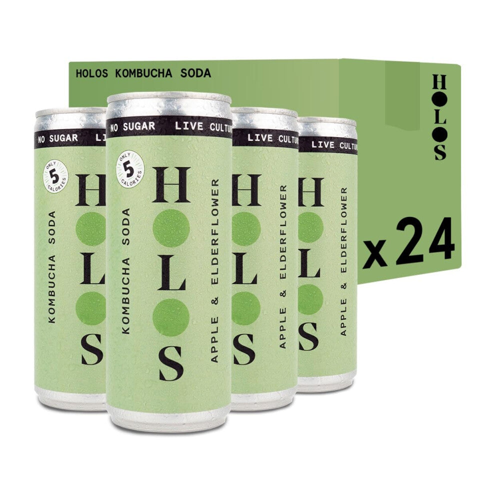 HOLOS Kombucha Soda - Apple & Elderflower Sparkling Kombucha Drink - Vegan Sugar Free Drinks - Gluten Free Live Culture Drink - 24 x 250ml Kombucha Ca