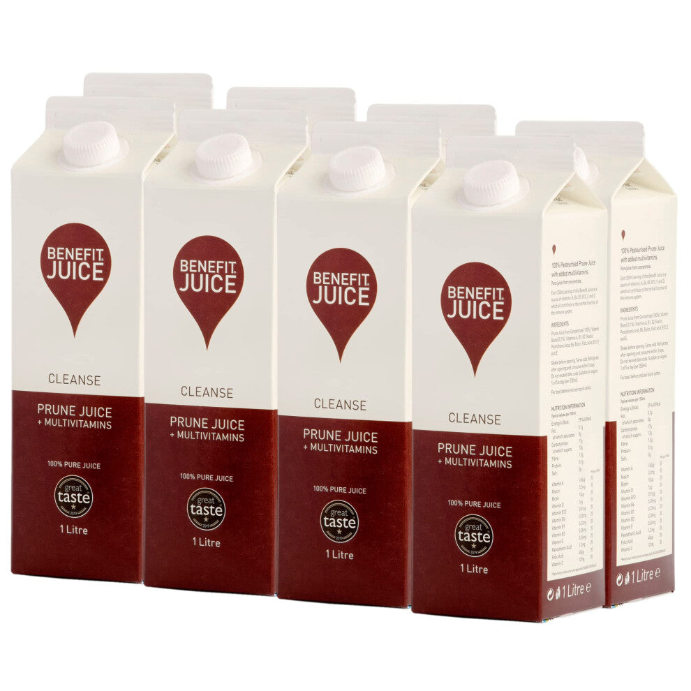 Benefit Drinks Pure Prune Juice - 8 x 1 Litre Cartons - Prune Juice for Constipation with with Vitamin A,C and E- Health Foods - Healthy Drinks