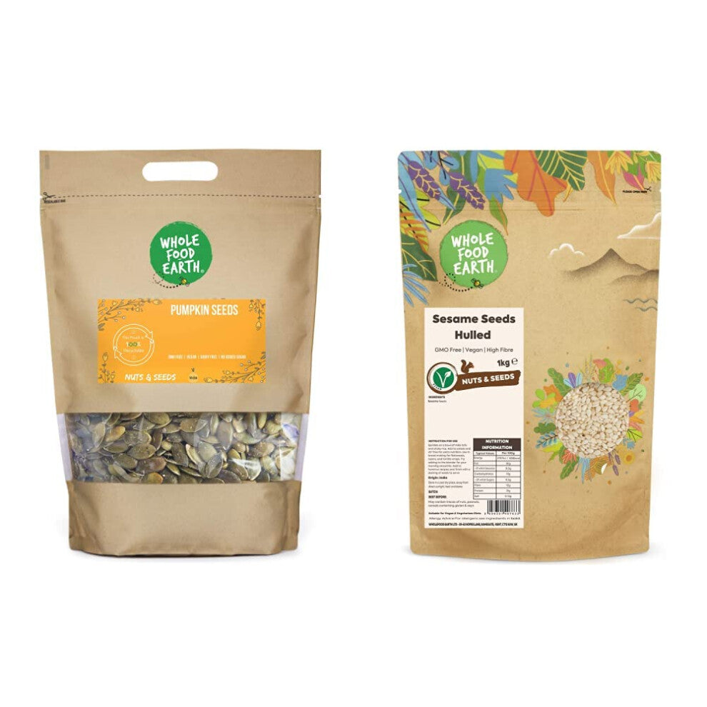 Wholefood Earth Pumpkin Seeds 1kg | GMO Free | Natural | Vegan | Source of Fibre | Source of Protein & Sesame Seeds Hulled 1kg | GMO Free | Vegan | Hi