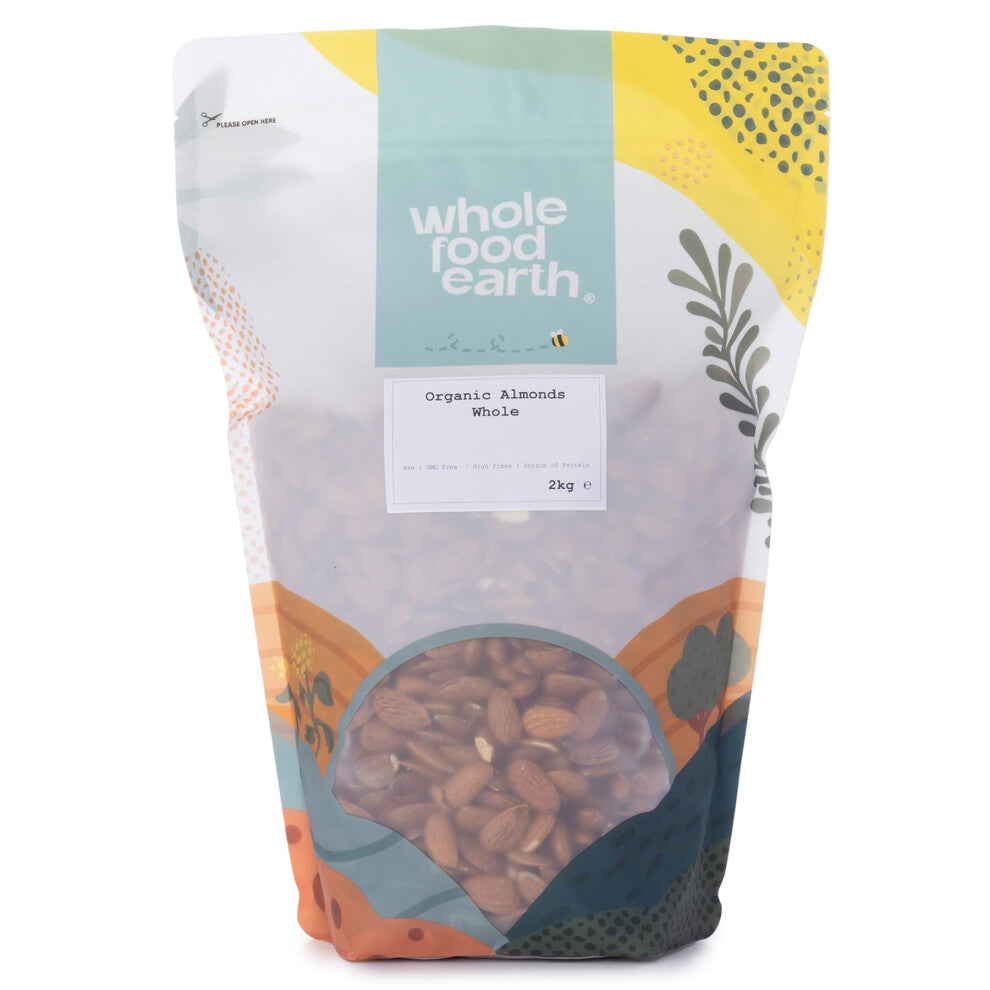 Wholefood Earth Organic Almonds Whole ? 2 kg | Raw | GMO Free | Vegan | High Fibre | Source of Protein | Certified Organic
