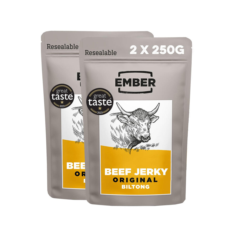 Ember Snacks: Biltong Beef Jerky Original Flavour (2 x 250g) 500g total - Protein Keto Snacks, Bulk Bags - Resealable for On The Go Snack - From Briti