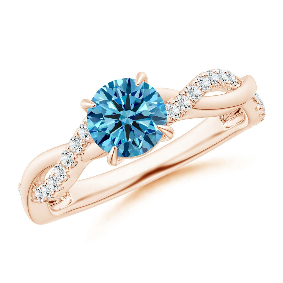(T 1-2, 9ct Rose Gold) Angara Classic Solitaire Lab-Grown Fancy Intense Blue Diamond Twist Shank Engagement Ring for Women