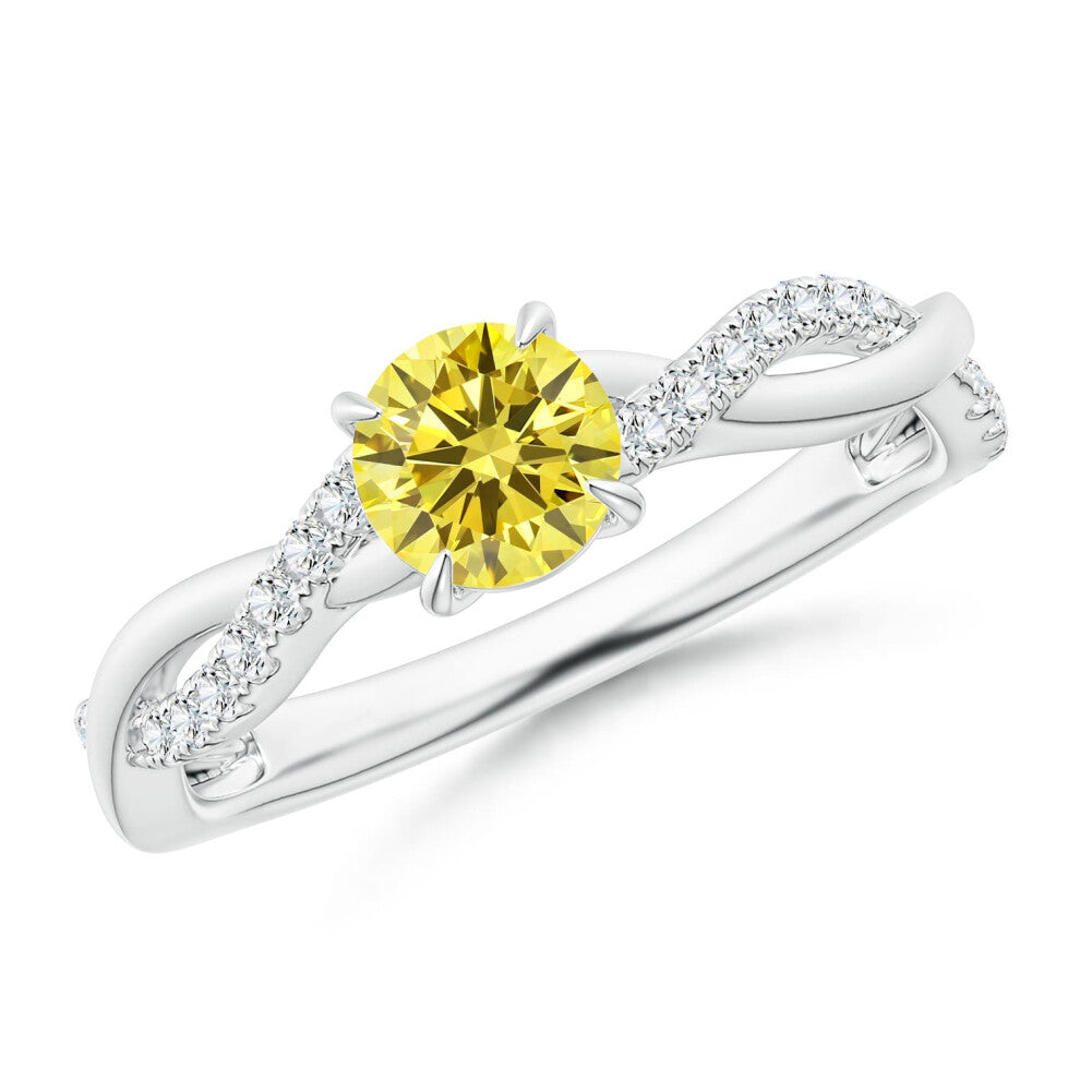 (P 1-2, 14ct White Gold) Angara Classic Solitaire Lab-Grown Fancy Intense Yellow Diamond Twist Shank Engagement Ring for Women