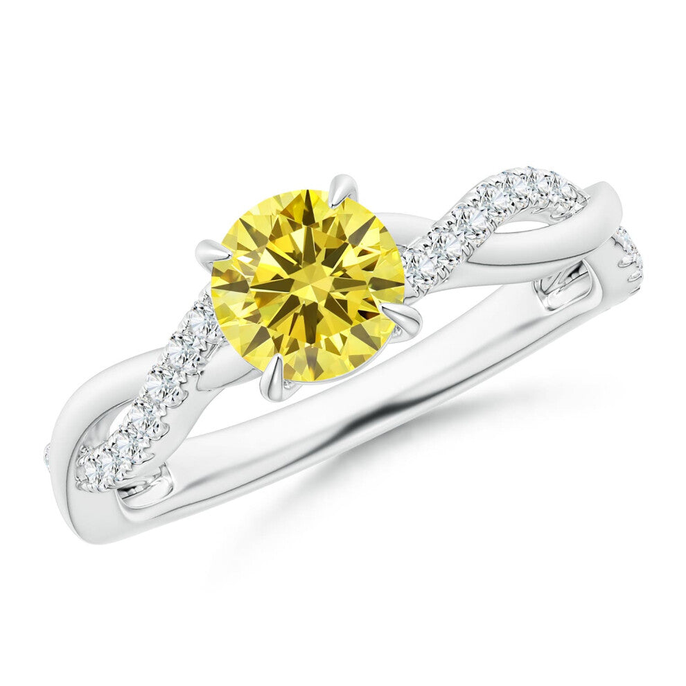 (J 1-2, 14ct White Gold) Angara Classic Solitaire Lab-Grown Fancy Intense Yellow Diamond Twist Shank Engagement Ring for Women