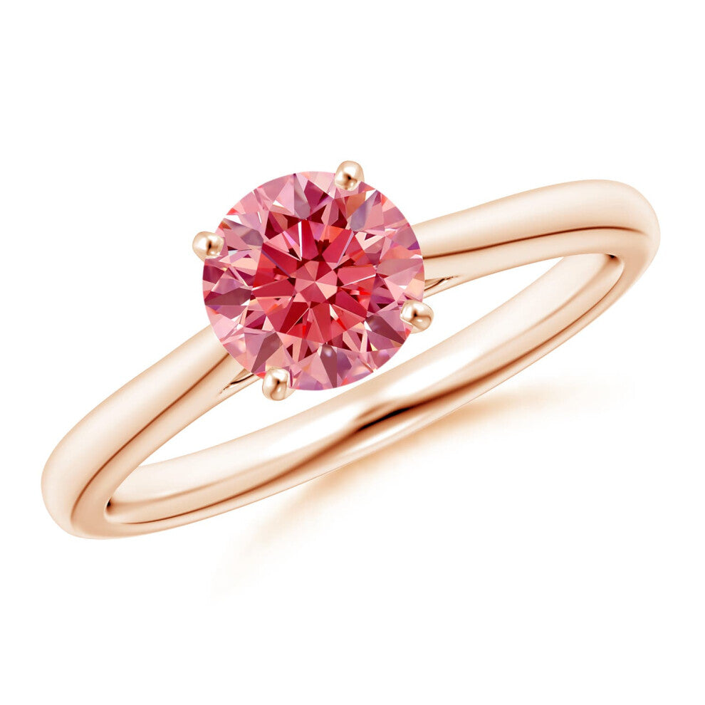 (J 1-2, 14ct Rose Gold) Angara Round Lab-Grown Fancy Intense Pink Diamond Tapered Cathedral Solitaire Engagement Ring for Women